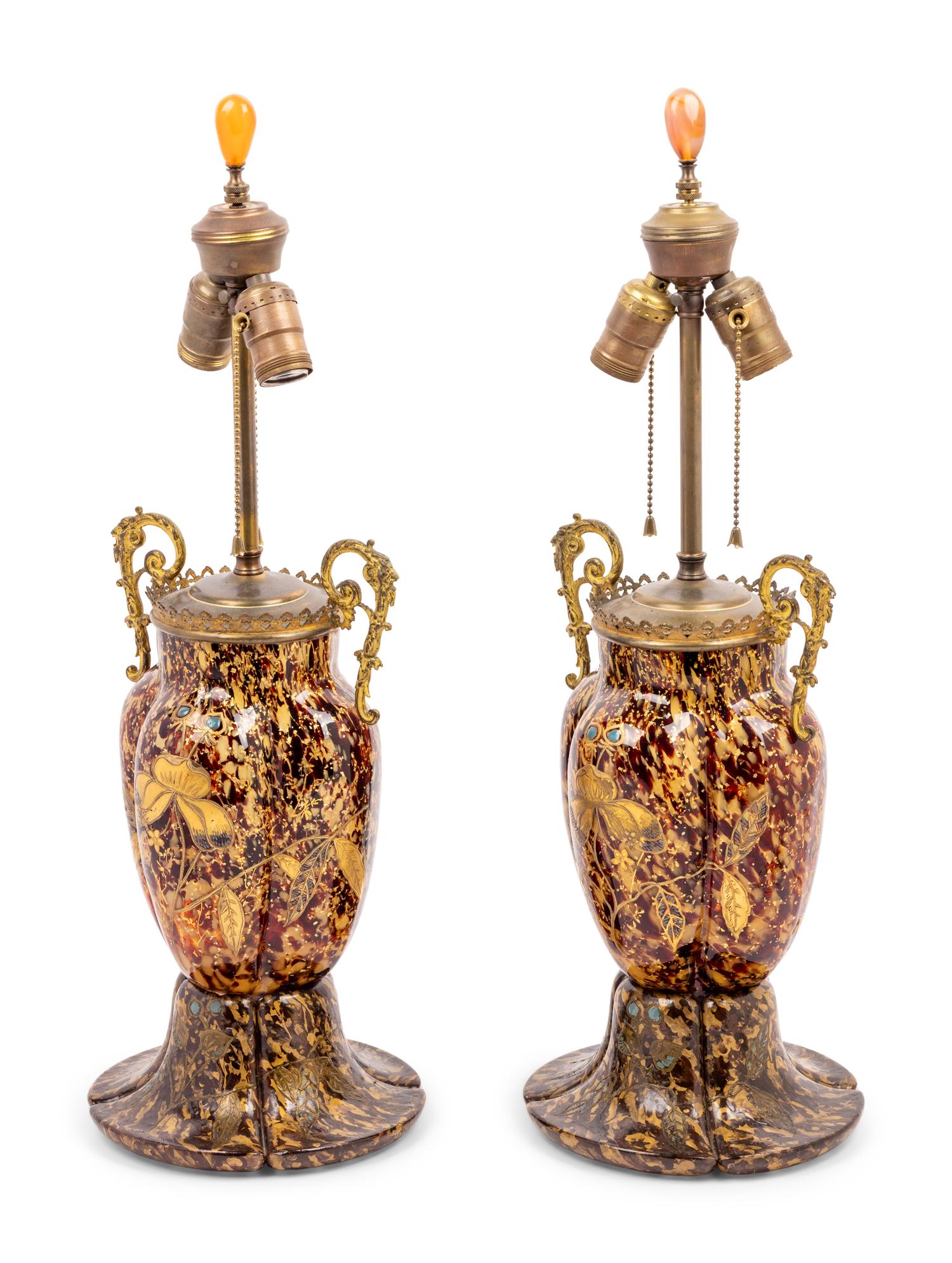 A Pair of Gilt Decorated Glass Vases Mounted as Lamps