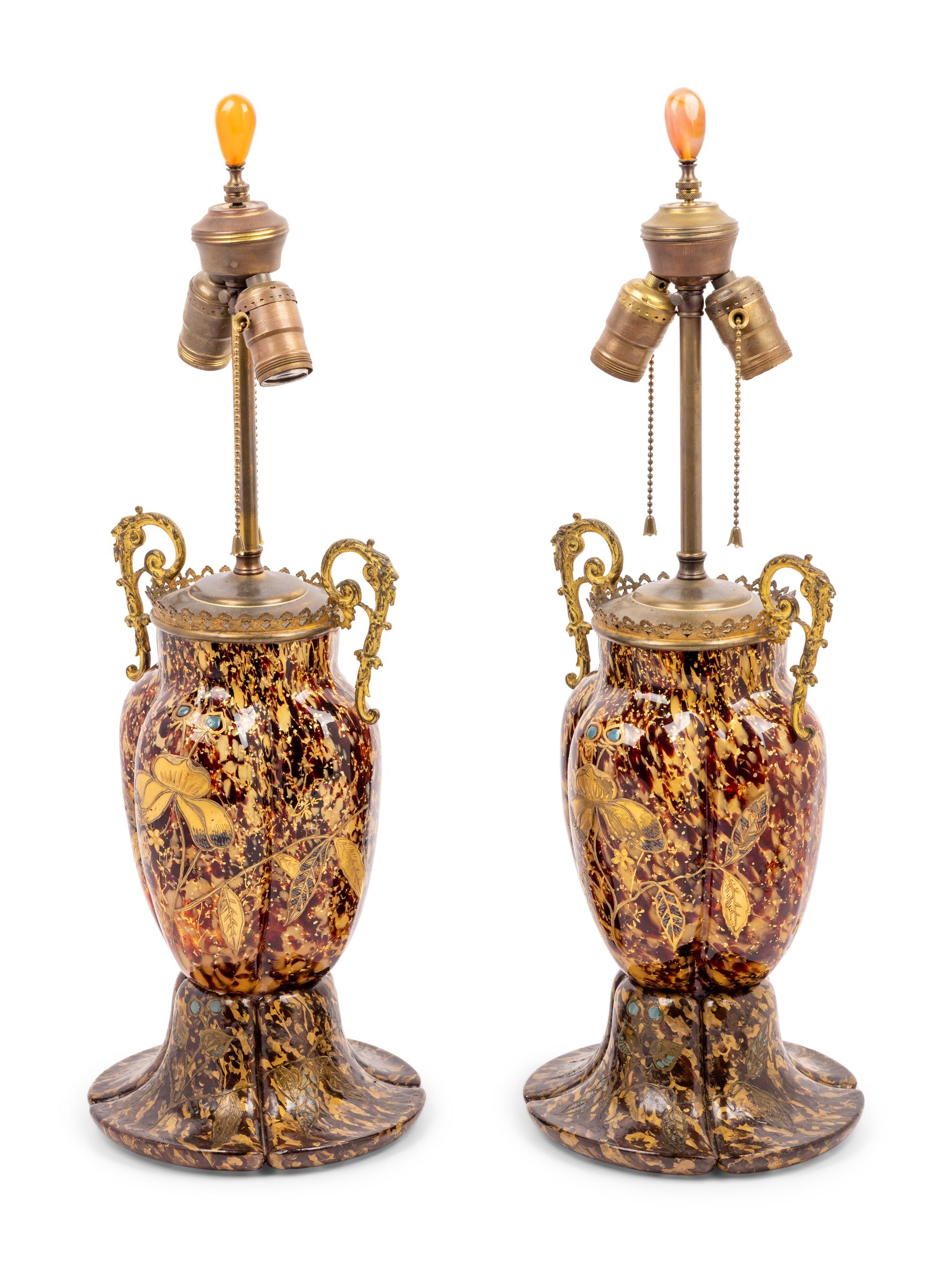A Pair of Gilt Decorated Glass Vases Mounted as Lamps