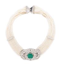 CULTURED PEARL, DIAMOND AND EMERALD CHOKER NECKLACE