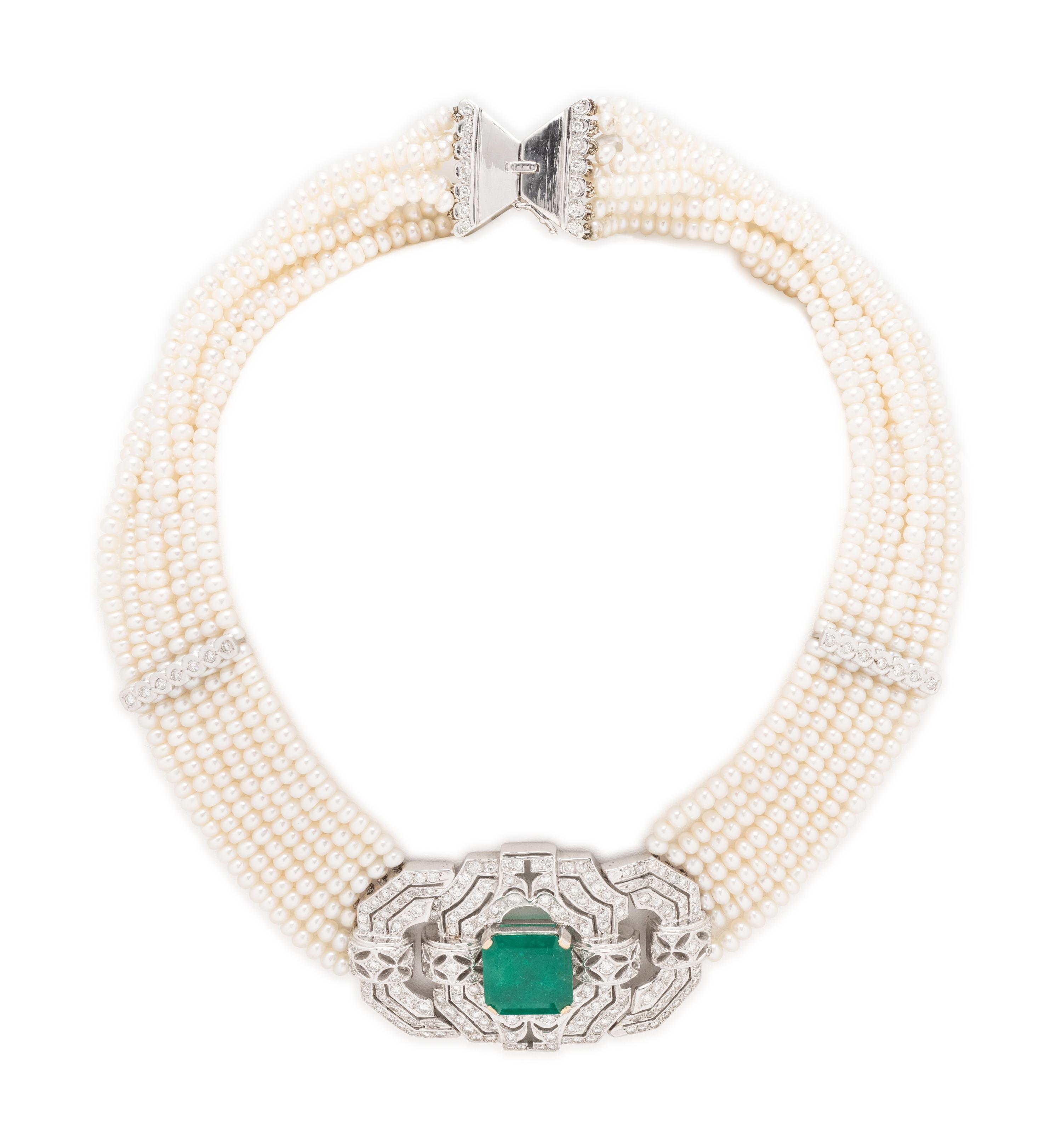 CULTURED PEARL, DIAMOND AND EMERALD CHOKER NECKLACE