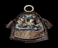A Chinese Embroidered Silk Purse with a Pair of Jade Bangles