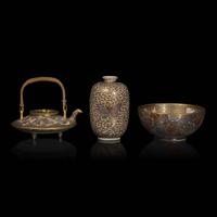 A Satsuma-Type Small Saki Pot, Kinkozan Workshop, a Bowl, Shizan, and a Vase, Signed, Meiji Period
