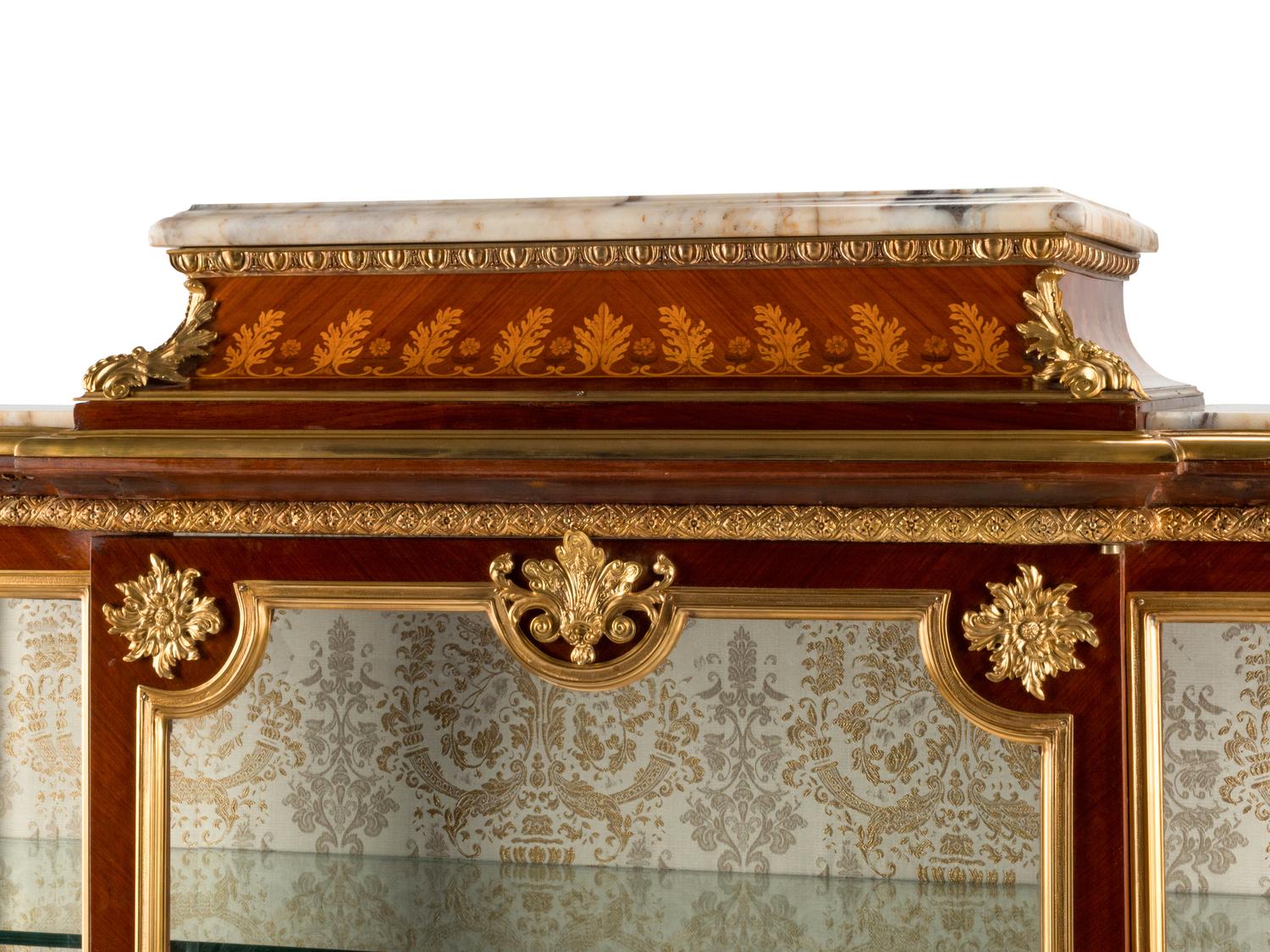 A Louis XV Style Gilt Bronze Mounted Marquetry Marble-Top Vitrine Cabinet