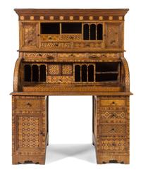 A Japanese Parquetry Desk Height 24 1/2 x width 45 1/4 x depth 24 3/4 inches. — MEIJI PERIOD