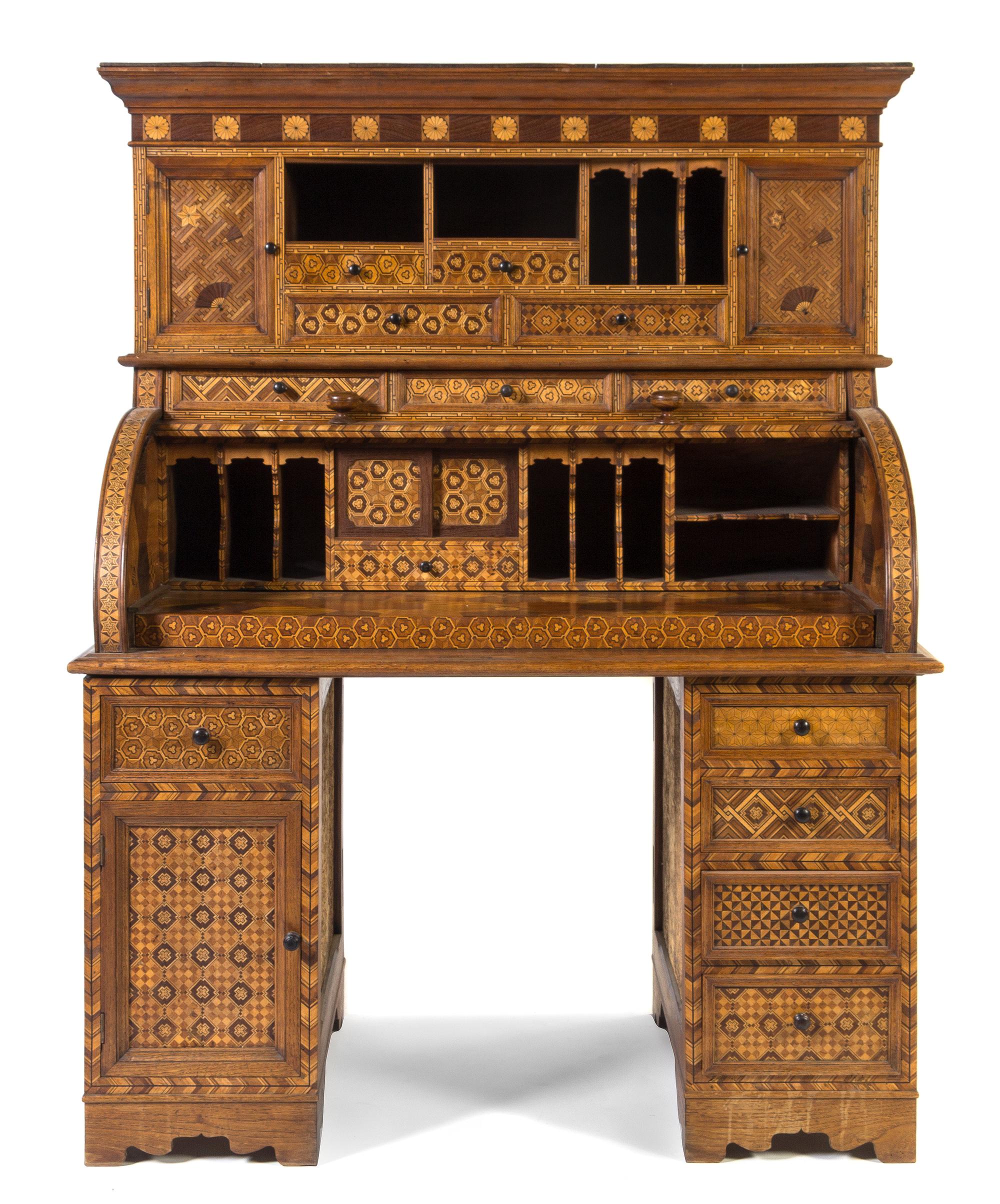 A Japanese Parquetry Desk Height 24 1/2 x width 45 1/4 x depth 24 3/4 inches. — MEIJI PERIOD