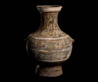 A Chinese Polychrome Painted Grey Pottery Hu, Han Dynasty 漢 彩繪灰陶壺