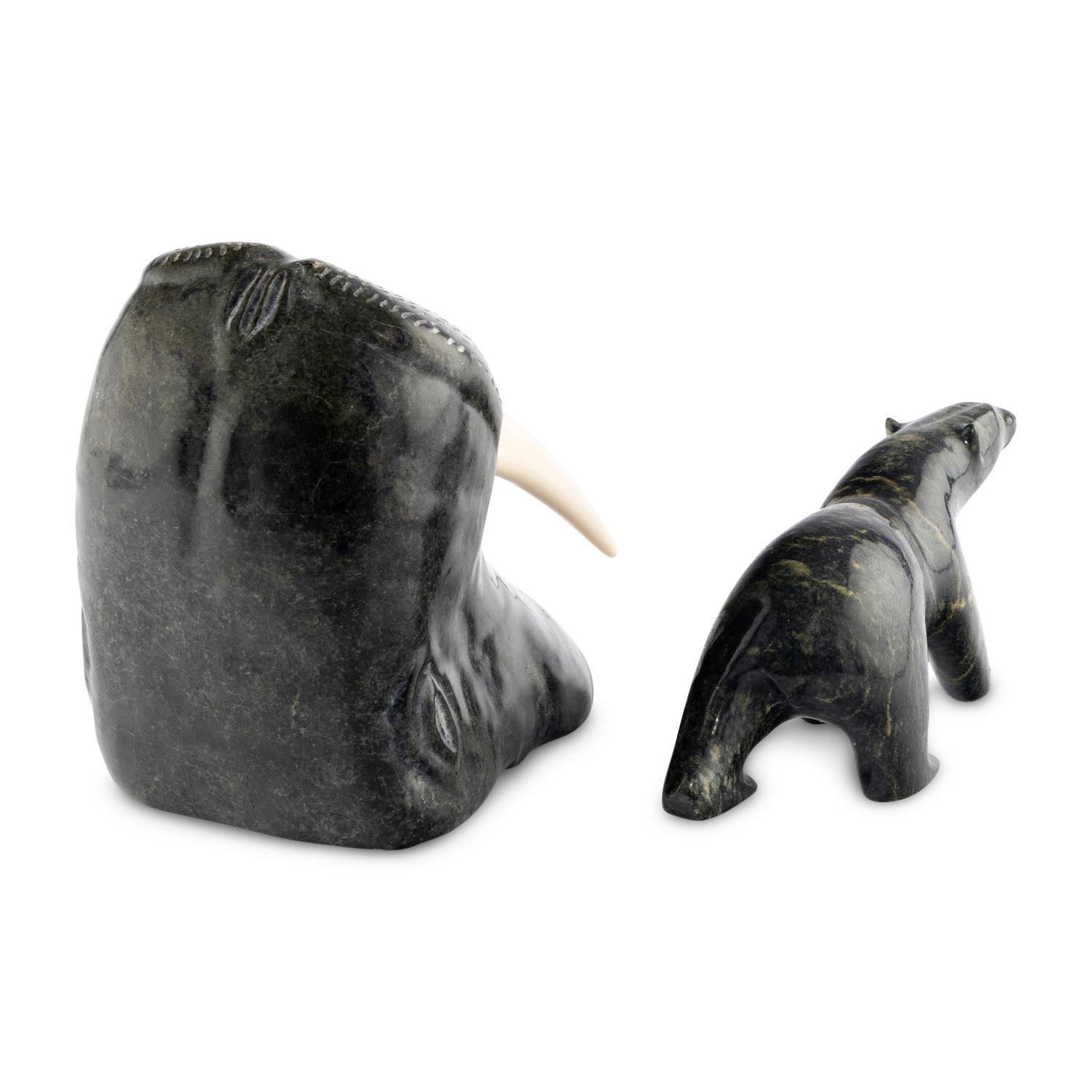 Inuit Carved Soapstone Walrus Head and Polar Bear