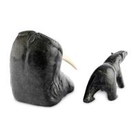 Inuit Carved Soapstone Walrus Head and Polar Bear