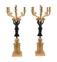 A Pair of Empire Style Gilt and Patinated Metal Six-Light Figural Candelabra