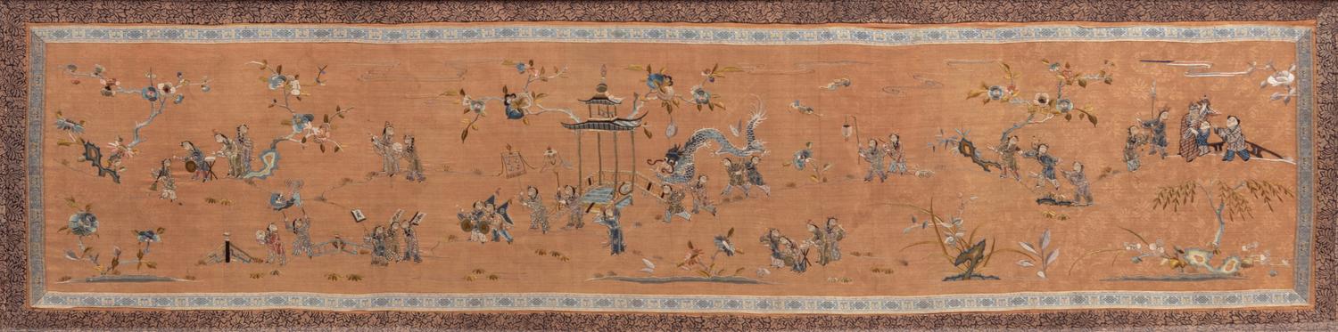 A Chinese Coral Ground Embroidered Silk 'Boys Panel