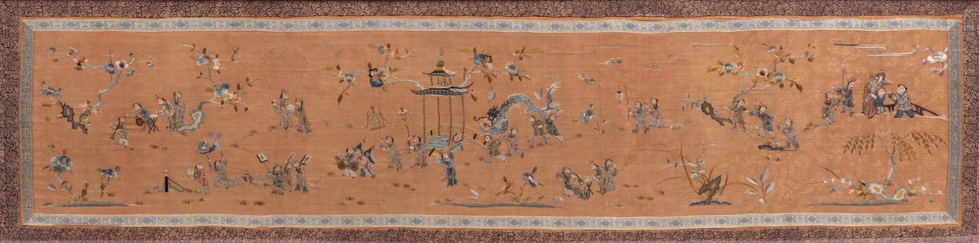 A Chinese Coral Ground Embroidered Silk 'Boys Panel