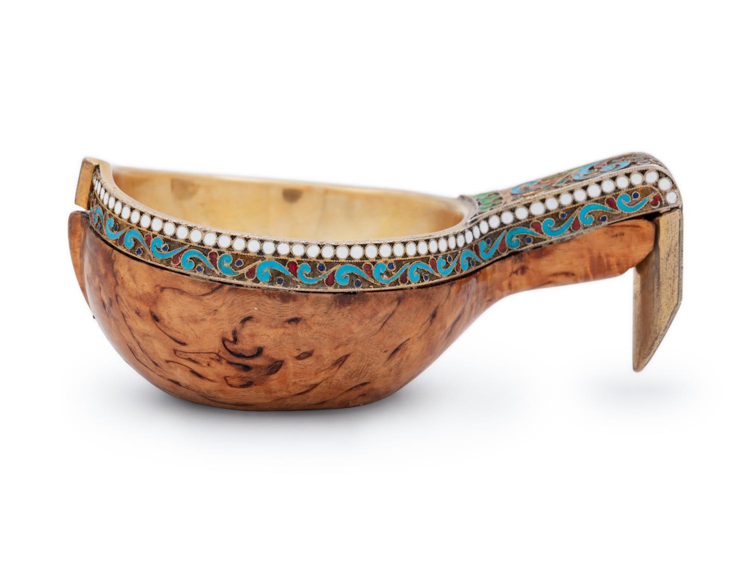 A Russian Birch Mounted Silver-Gilt and Enameled Kovsh