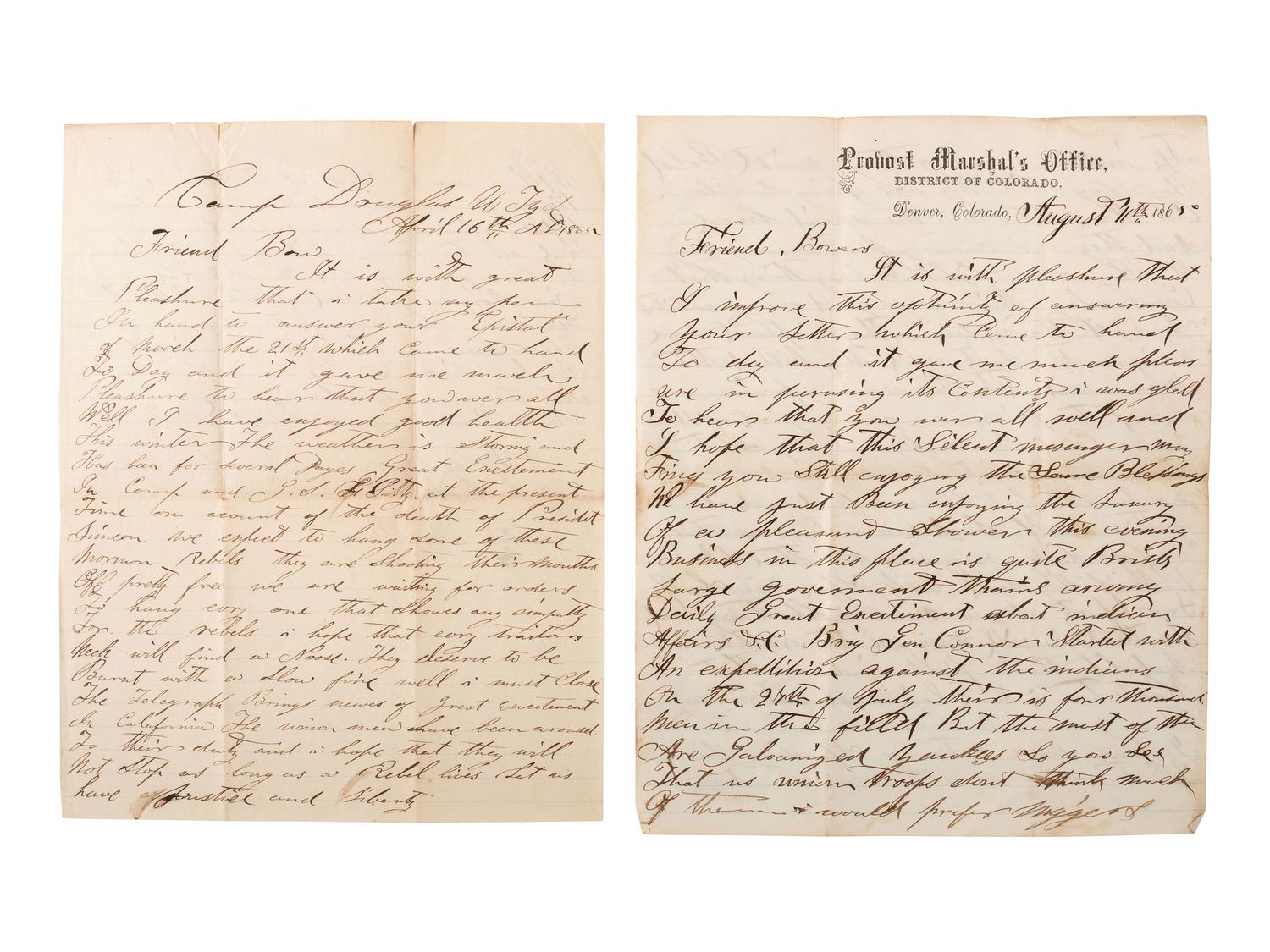 [CIVIL WAR] -- [UTAH TERRITORY] -- [MORMON]. Private Thomas B. Thompson letter archive, Co. D, 3rd Regiment, California Infantry, incl. Mormon and Native American content.