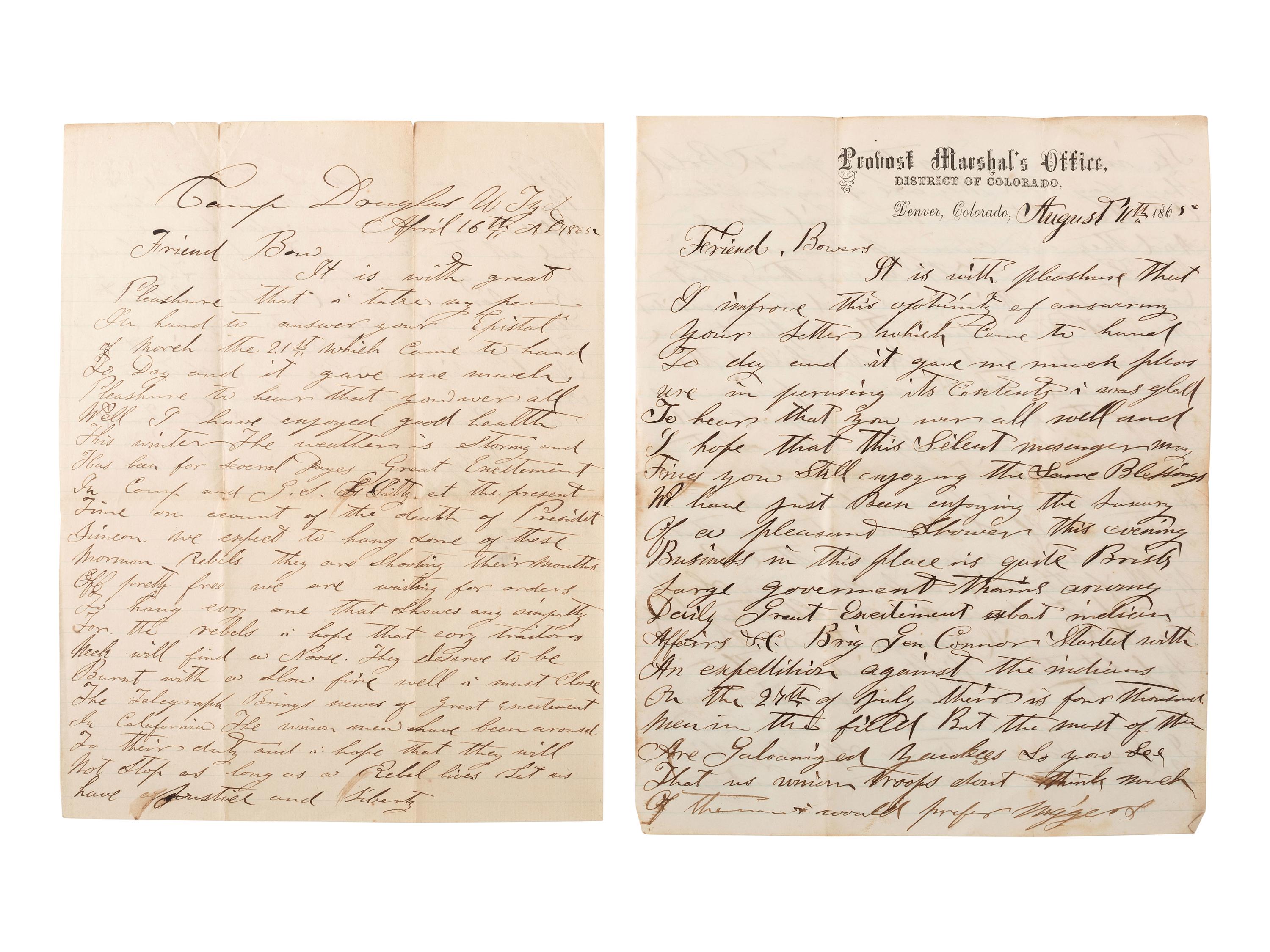 [CIVIL WAR] -- [UTAH TERRITORY] -- [MORMON]. Private Thomas B. Thompson letter archive, Co. D, 3rd Regiment, California Infantry, incl. Mormon and Native American content.