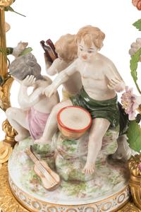 A Pair of French Gilt Bronze and Porcelain Figural Four-Light Candelabra