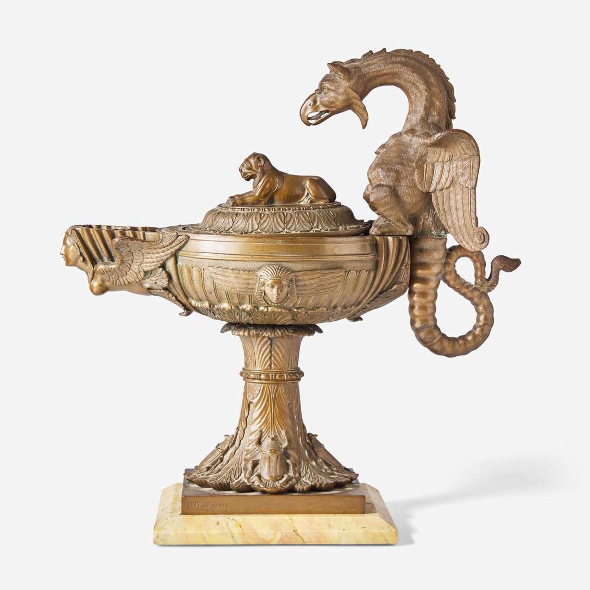A Grand Tour Egyptian Revival bronze oil lamp on Giallo antico marble base Benedetto Boschetti (active c. 1820-1870), Rome, Italy, mid-19th century