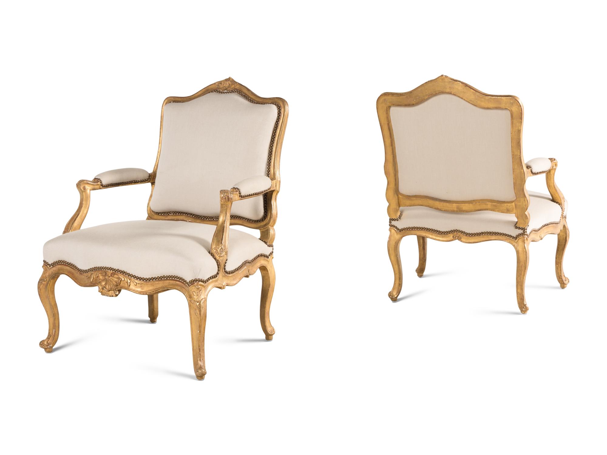 A Pair of Italian Rococo Shell-Carved Giltwood Fauteuils