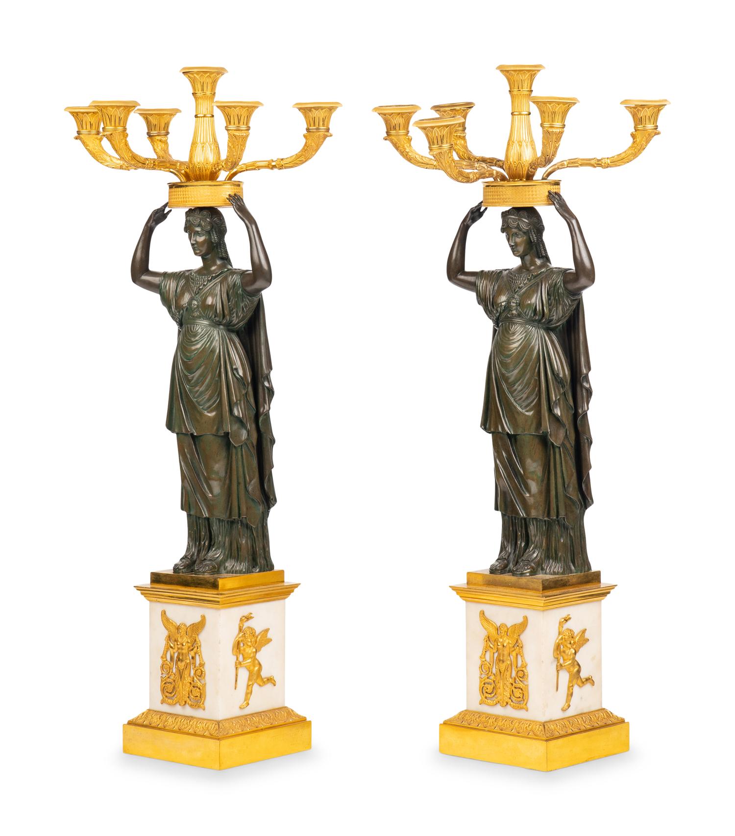 A Pair of Italian Gilt and Patinated Bronze and Marble Six-Light Candelabra