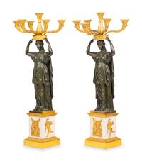 A Pair of Italian Gilt and Patinated Bronze and Marble Six-Light Candelabra