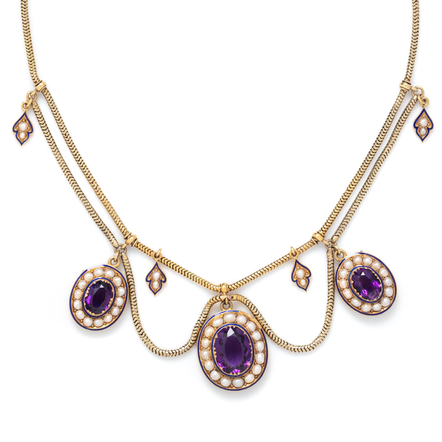 ANTIQUE, AMETHYST, SEED PEARL AND ENAMEL SWAG NECKLACE