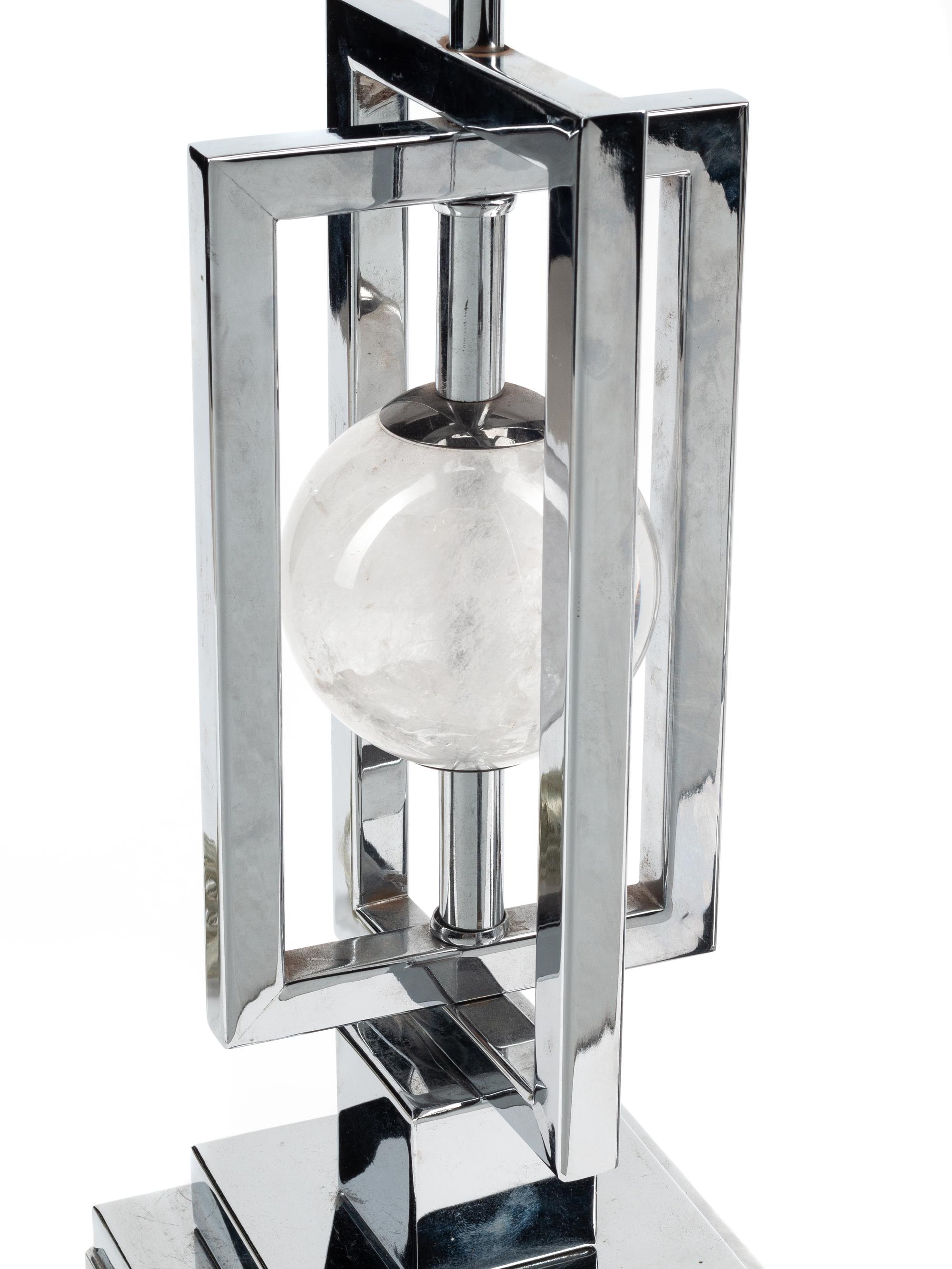 A Pair of Contemporary Chrome and Rock Crystal Table Lamps