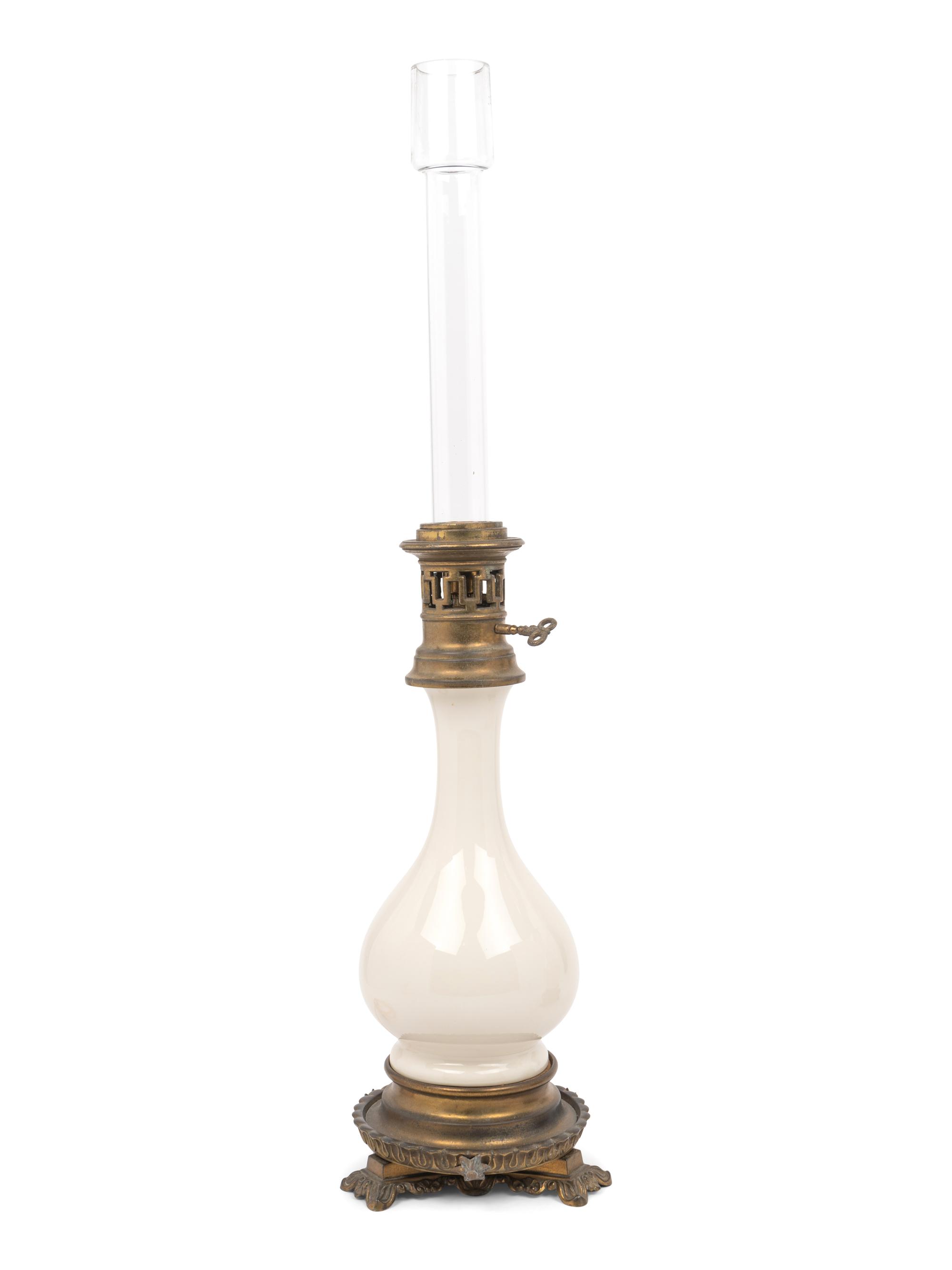 A Pair of French Opaline Glass Fluid Lamps with Etched Glass Shades Converted to Electricity