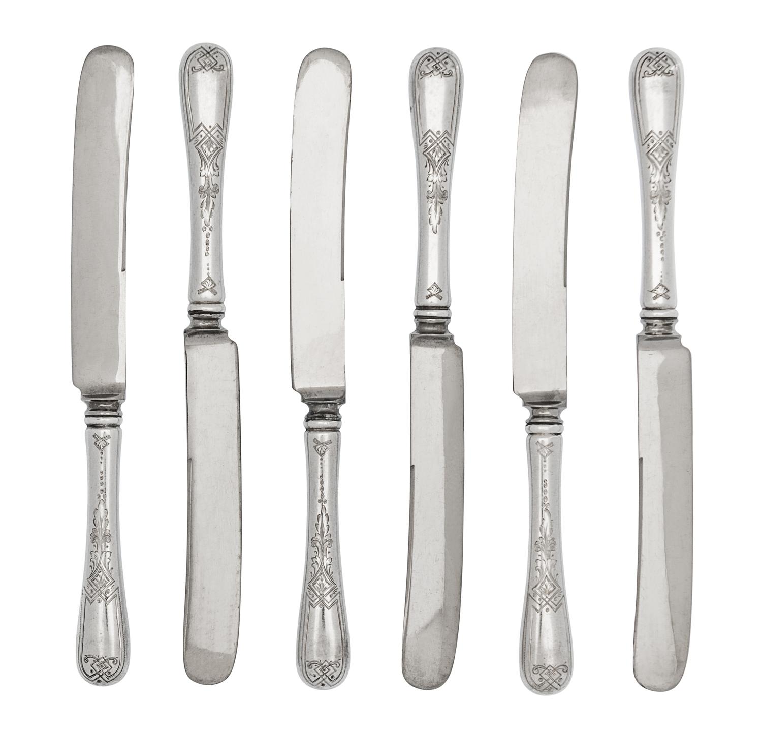 A Set of Sixteen American Silver Lunch Knives, Gorham Mfg. Co., Providence, RI, Late 19th Century, the handles engraved with angular st