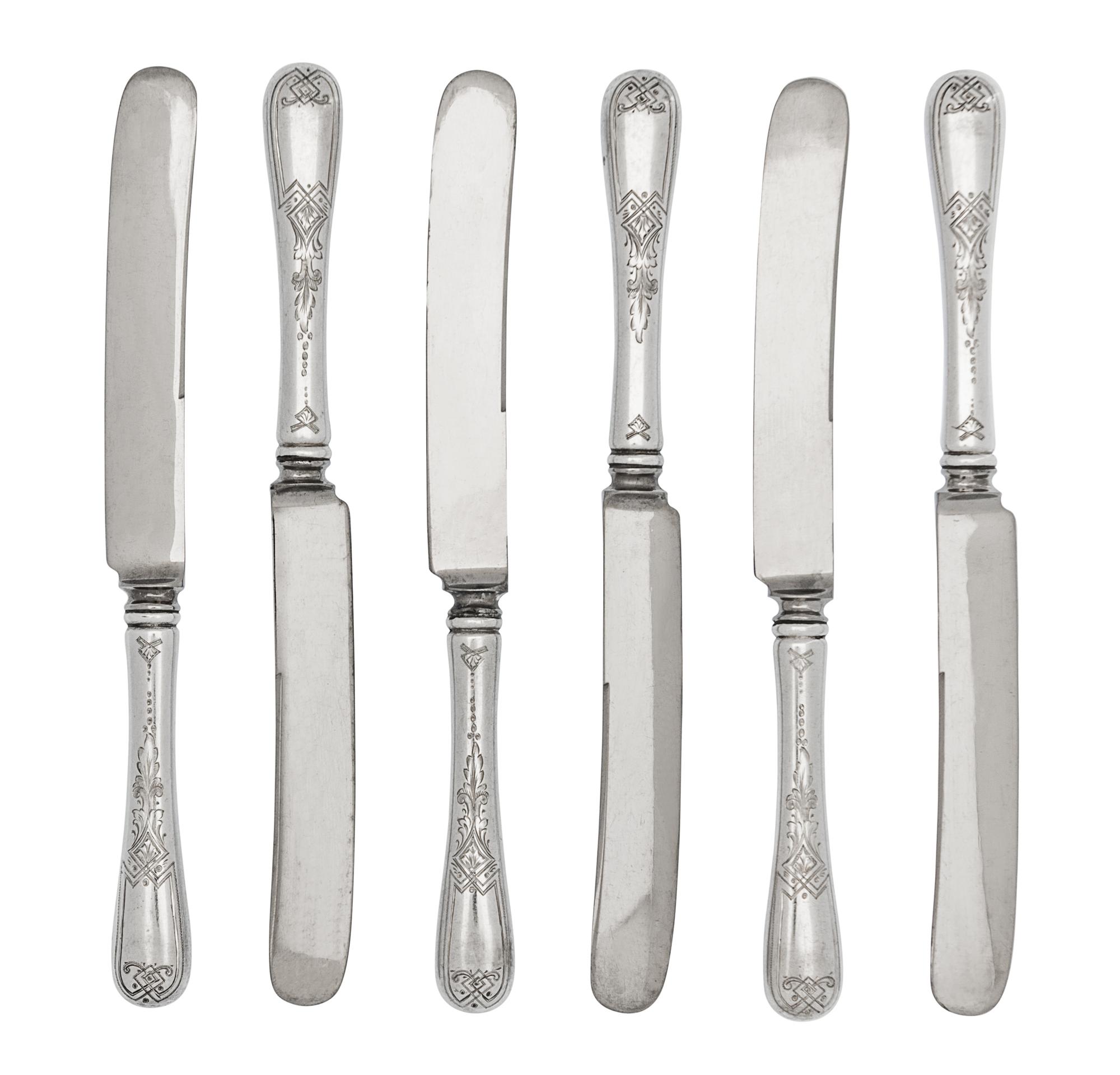 A Set of Sixteen American Silver Lunch Knives, Gorham Mfg. Co., Providence, RI, Late 19th Century, the handles engraved with angular st