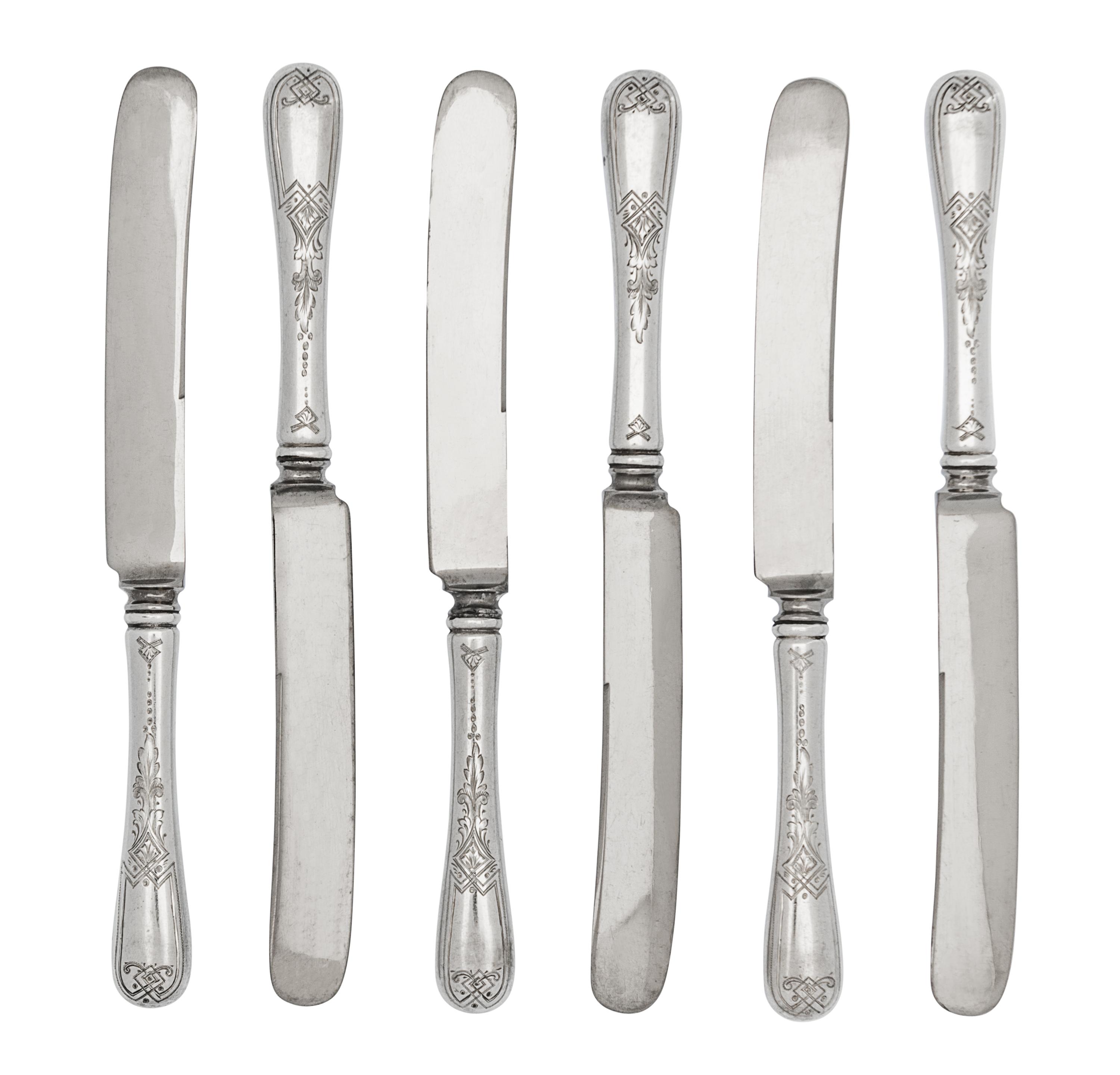A Set of Sixteen American Silver Lunch Knives, Gorham Mfg. Co., Providence, RI, Late 19th Century, the handles engraved with angular st