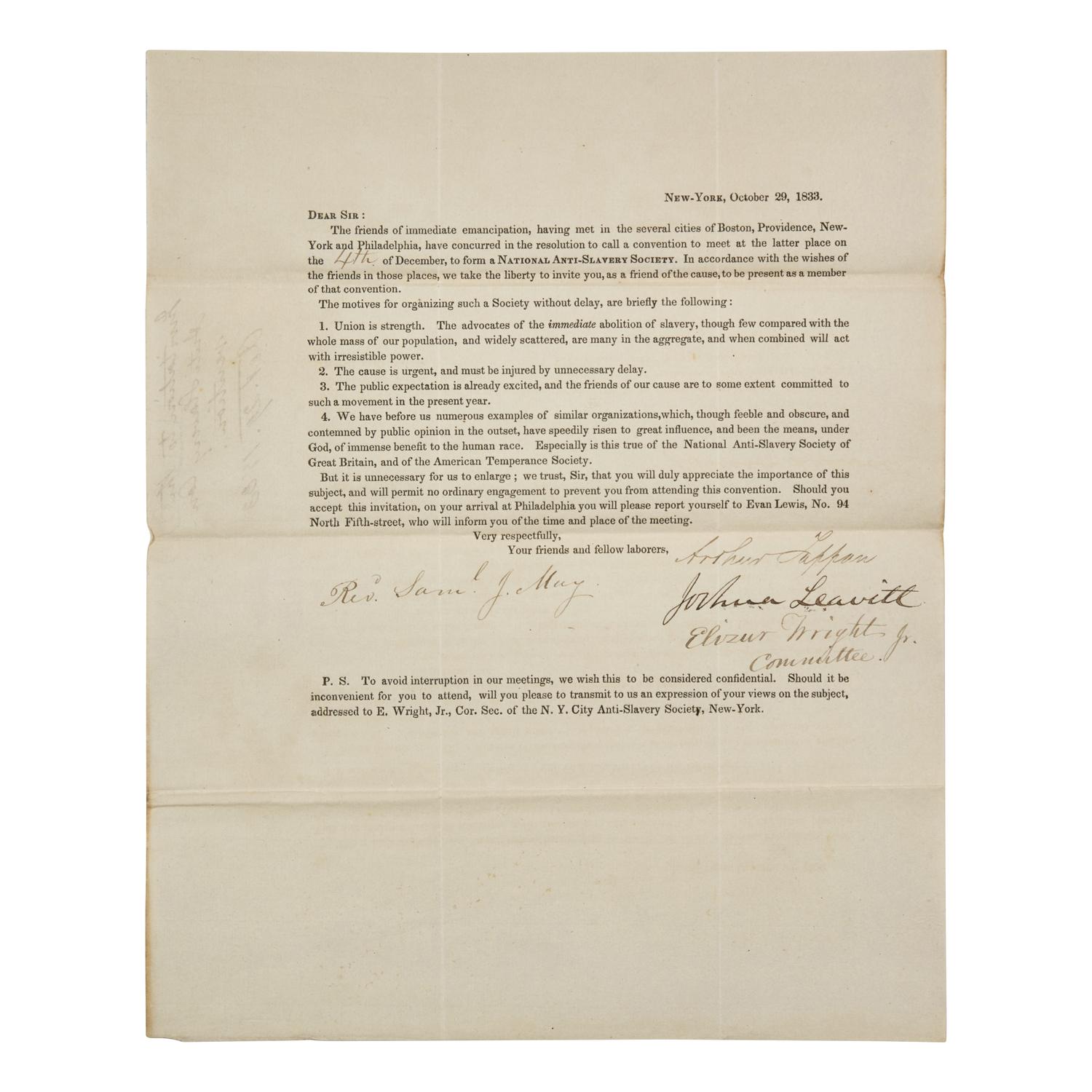 [African-Americana] Tappan, Arthur, and Joshua Leavitt, and Elizur Wright, Jr. Partially-Printed Invitation to the Founding Convention of the American Anti-Slavery Society