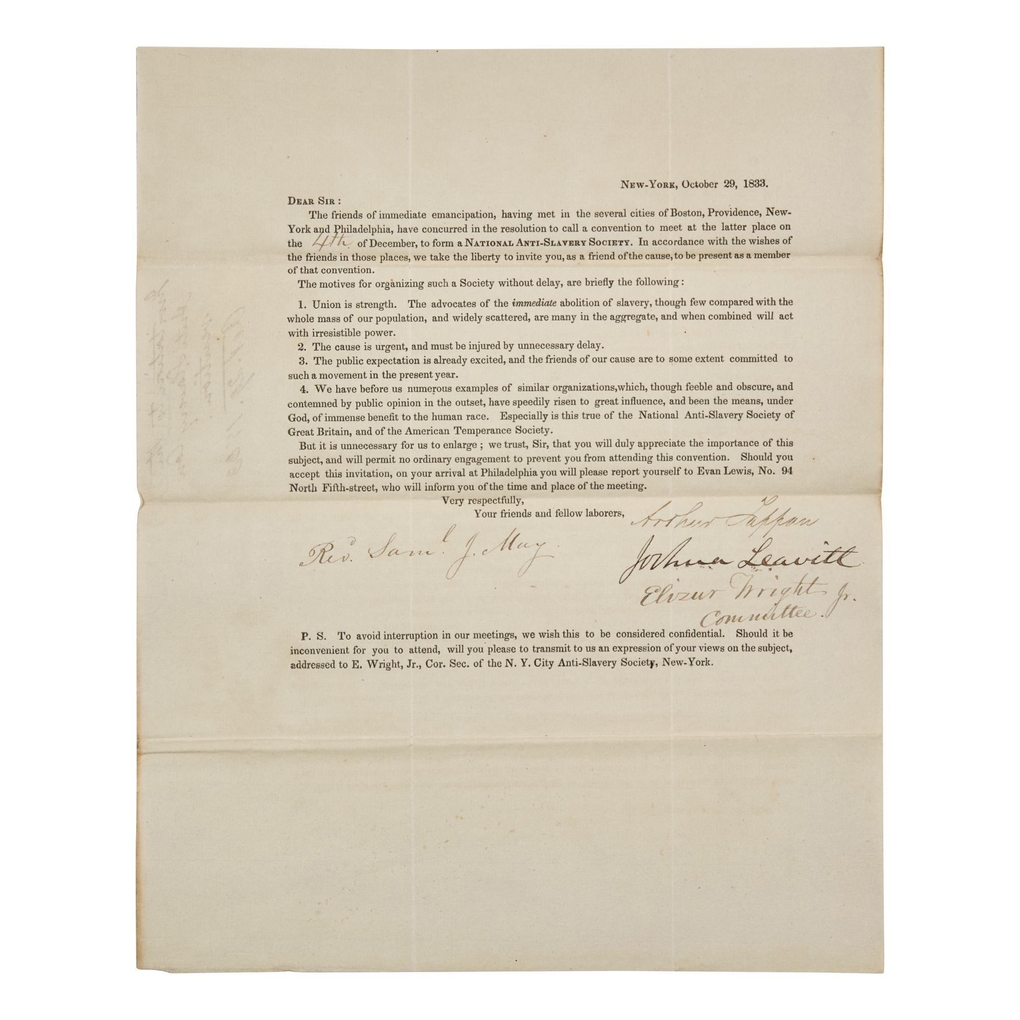 [African-Americana] Tappan, Arthur, and Joshua Leavitt, and Elizur Wright, Jr. Partially-Printed Invitation to the Founding Convention of the American Anti-Slavery Society