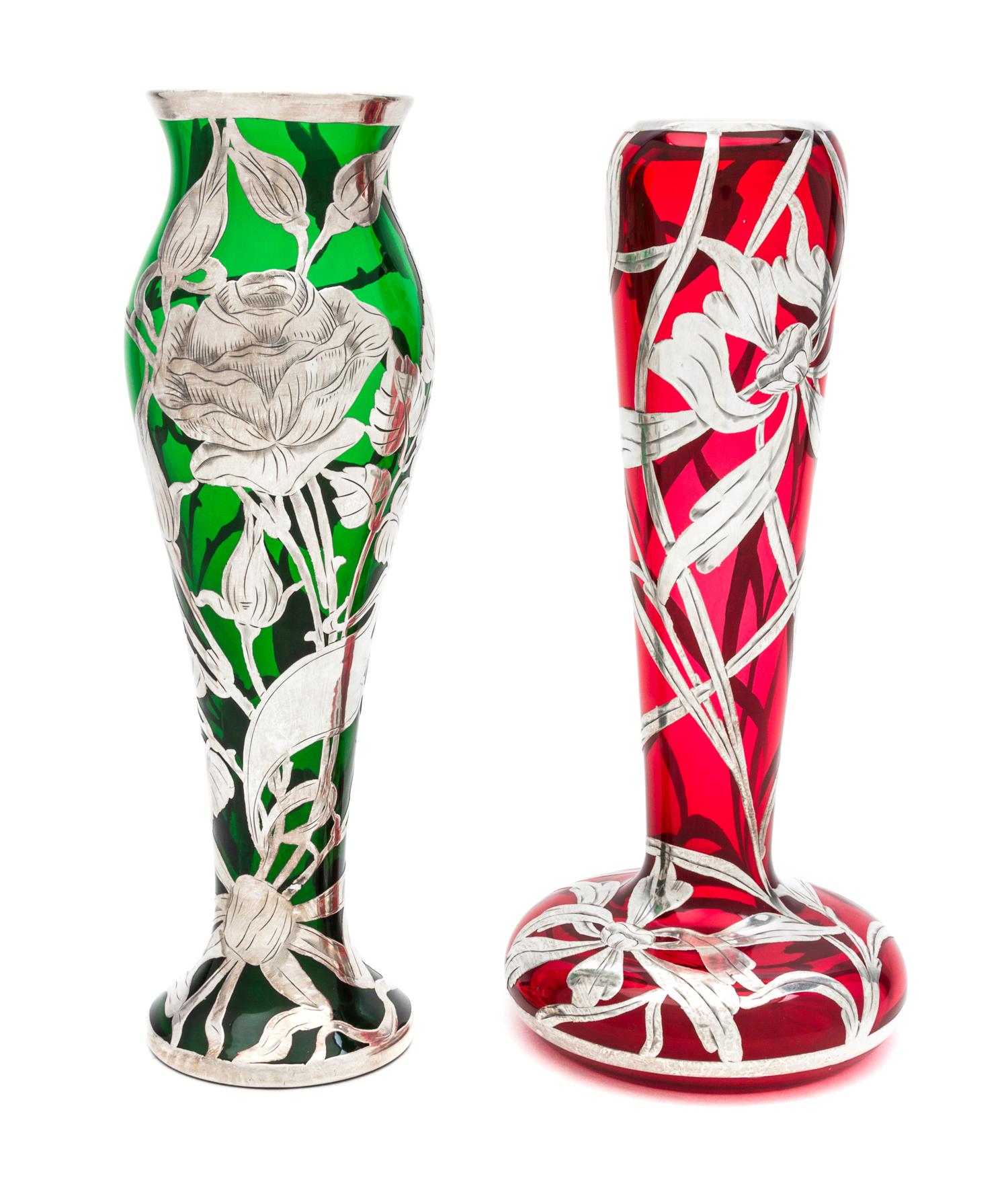 Two Silver Overlay Glass Vases Height of first 10 inches.