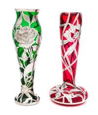 Two Silver Overlay Glass Vases Height of first 10 inches.