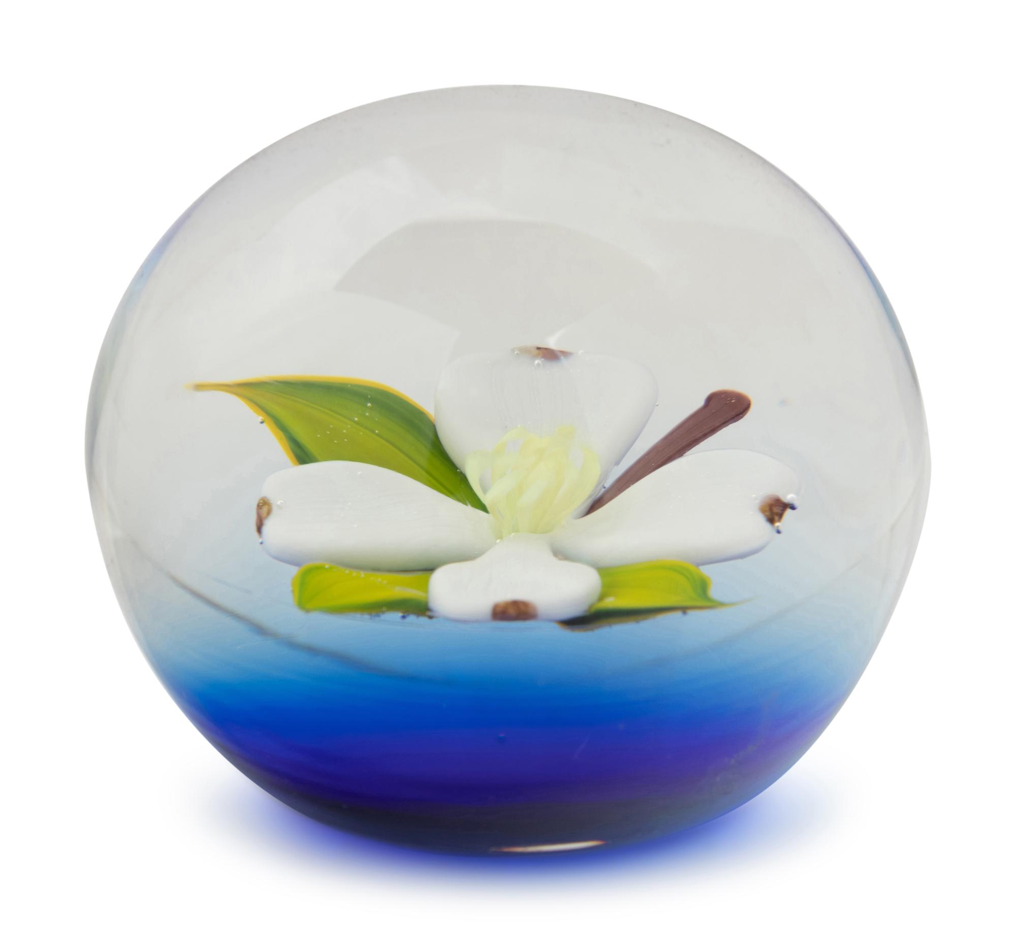 A Paul Stankard Large White Blossom on Blue Ground Glass Paperweight