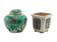 A Large Chinese Export Famille Verte Porcelain Covered Jar and A Chinese Painted Stoneware Cachepot