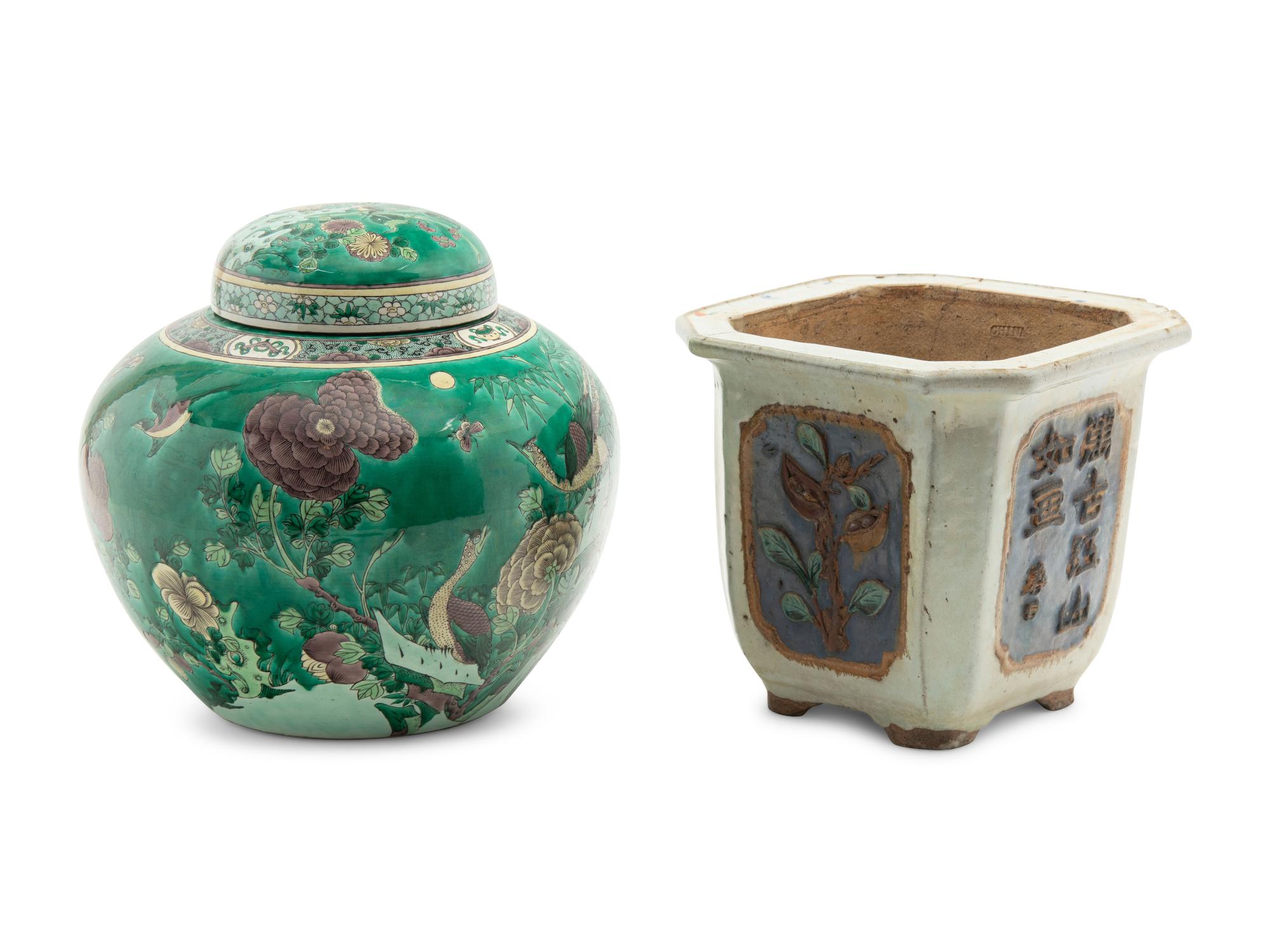 A Large Chinese Export Famille Verte Porcelain Covered Jar and A Chinese Painted Stoneware Cachepot