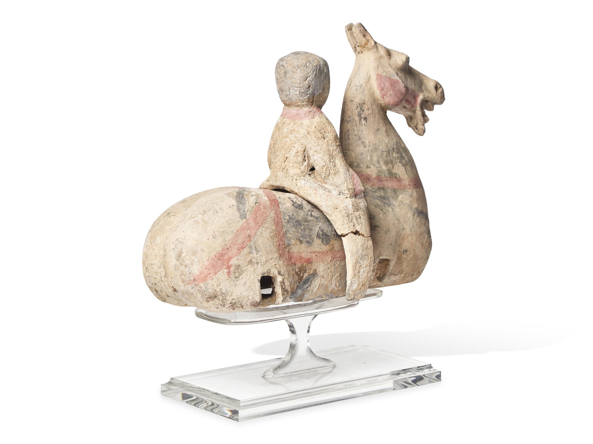 A Large Chinese Painted Pottery Equestrian Figure