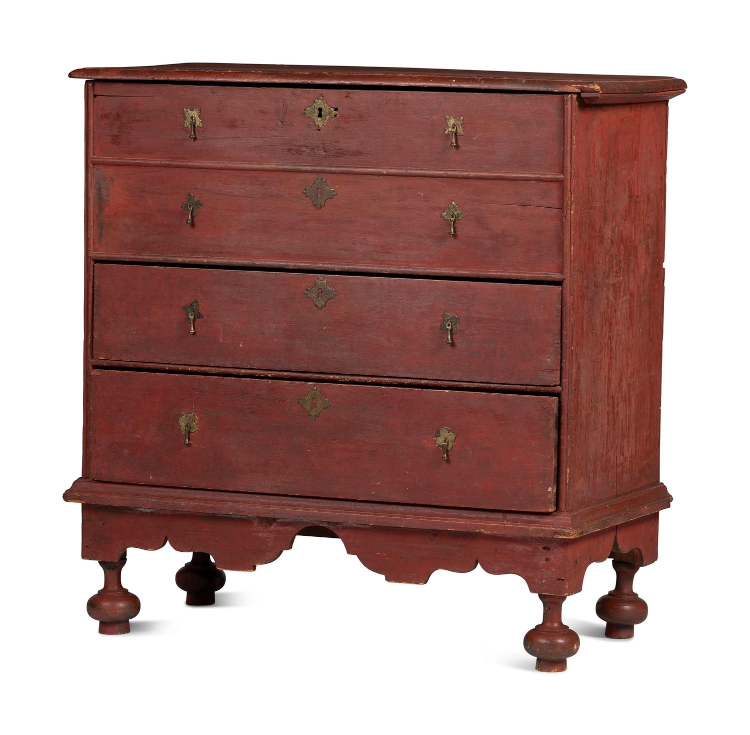 A William and Mary Red Painted Pine Two-Drawer Blanket or Mule Chest