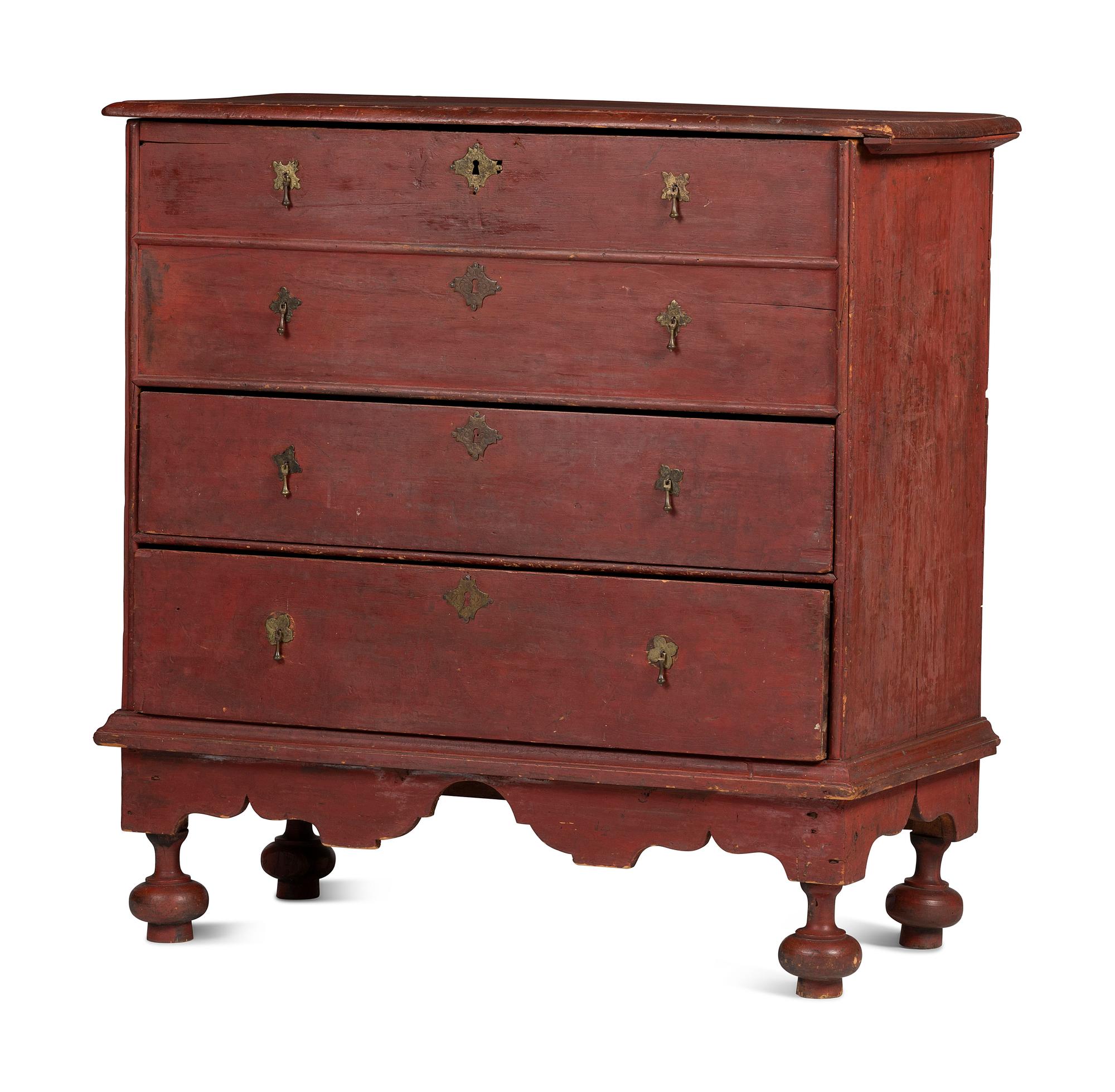A William and Mary Red Painted Pine Two-Drawer Blanket or Mule Chest