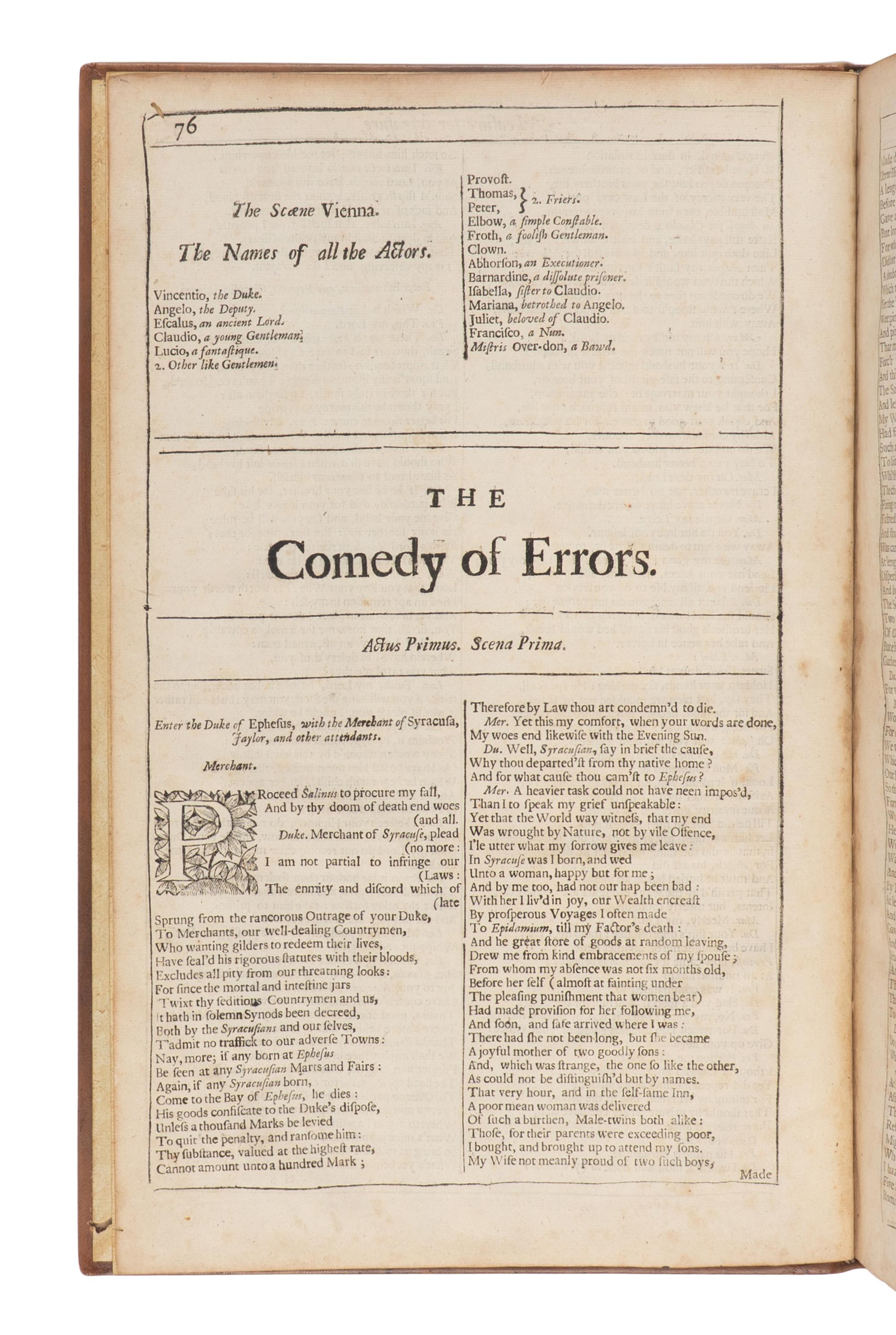 SHAKESPEARE, William (1564-1616). A group of 6 plays [extracted from: THE FOURTH FOLIO. London: H. Herringman, E. Brewster, and R. Bentley, 1685].