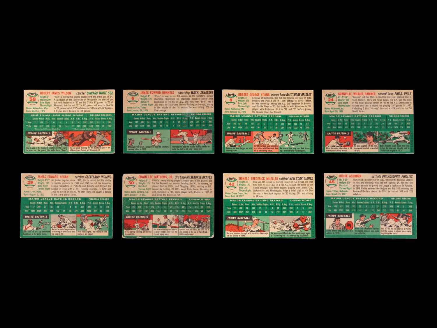 A Group of Eight 1954 Topps Baseball Cards Including Hall of Famers,
