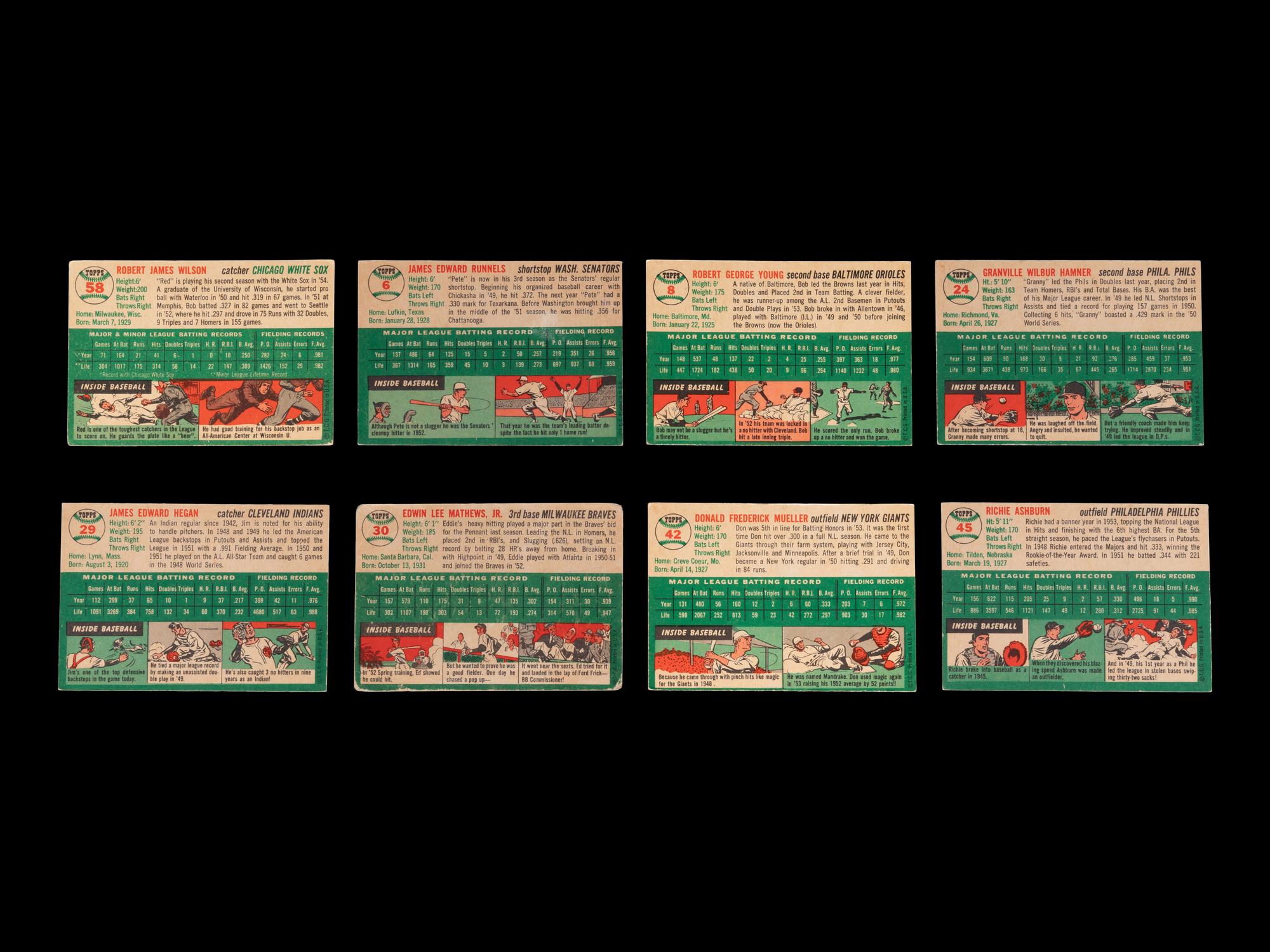 A Group of Eight 1954 Topps Baseball Cards Including Hall of Famers,