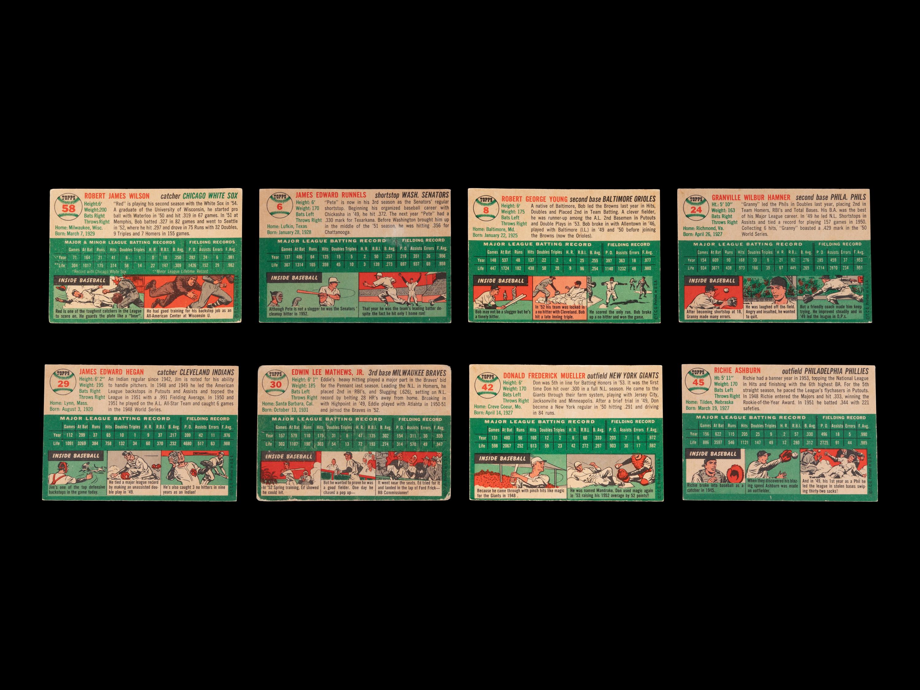 A Group of Eight 1954 Topps Baseball Cards Including Hall of Famers,