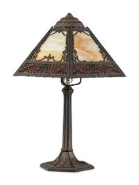 A Cast Iron and Slag Glass Table Lamp