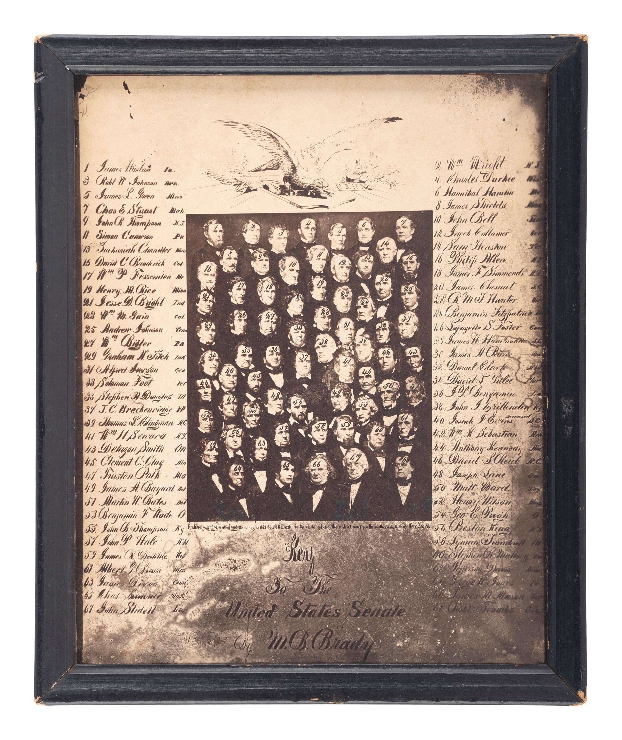 [CIVIL WAR]. [BRADY, Mathew (1822-1896), photographer, after]. Composite image showing members of the US Senate in 1859 with accompanying key identifying the subjects.
