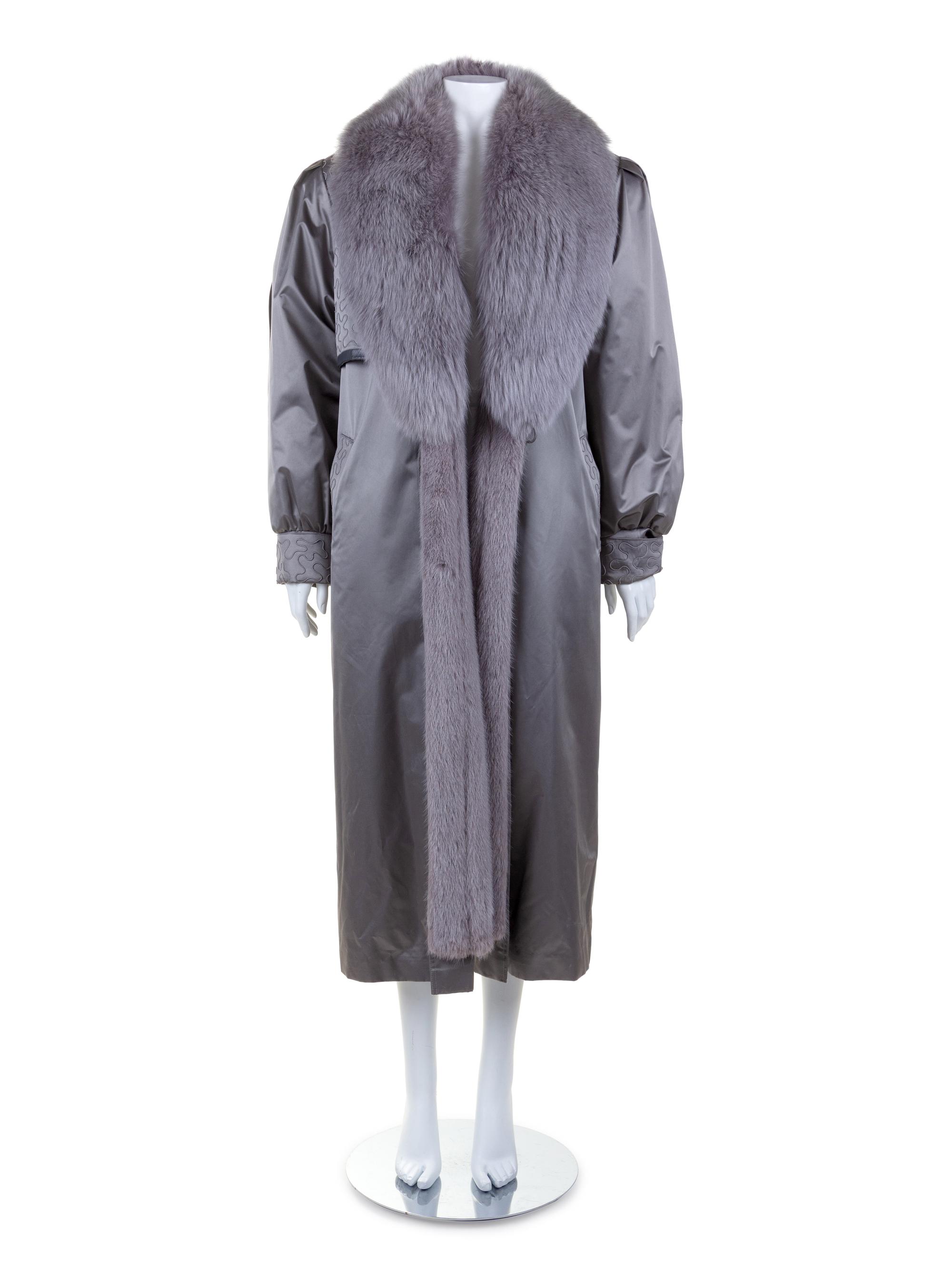 Silver Sateen and Sable and Fox Fur Lined Trench Coat, 1990's-2000's