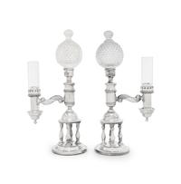 A Pair of Sheffield Silver-Plate and Cut-Glass Argand Lamps