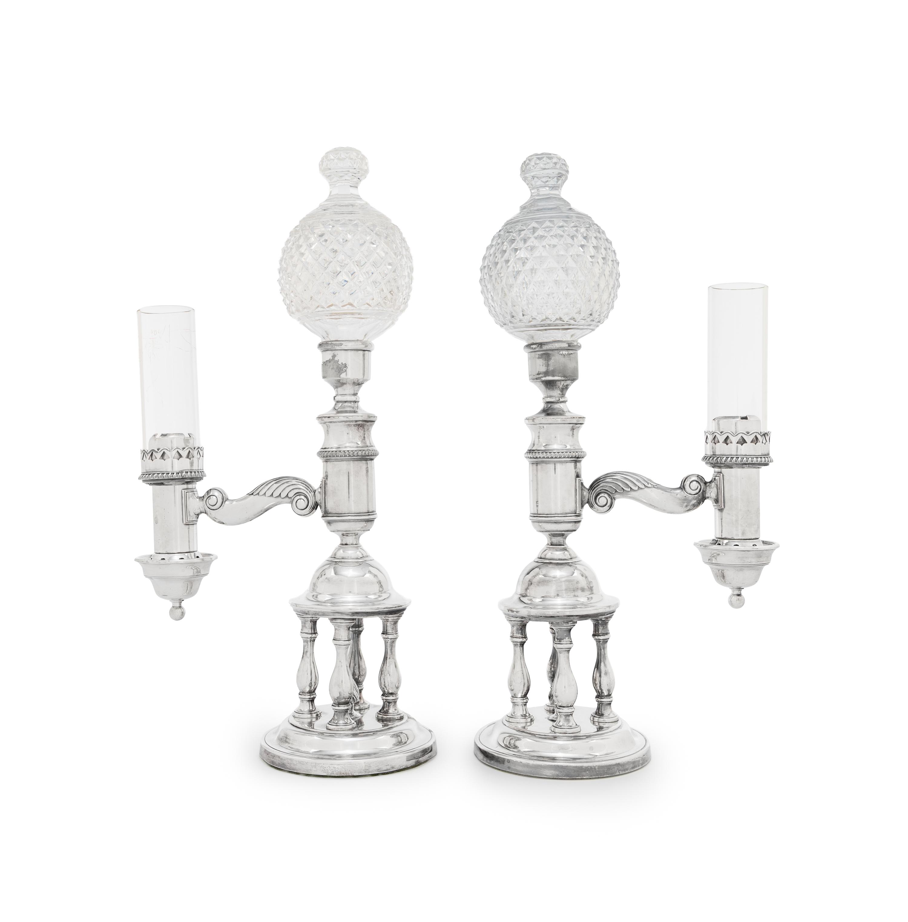 A Pair of Sheffield Silver-Plate and Cut-Glass Argand Lamps