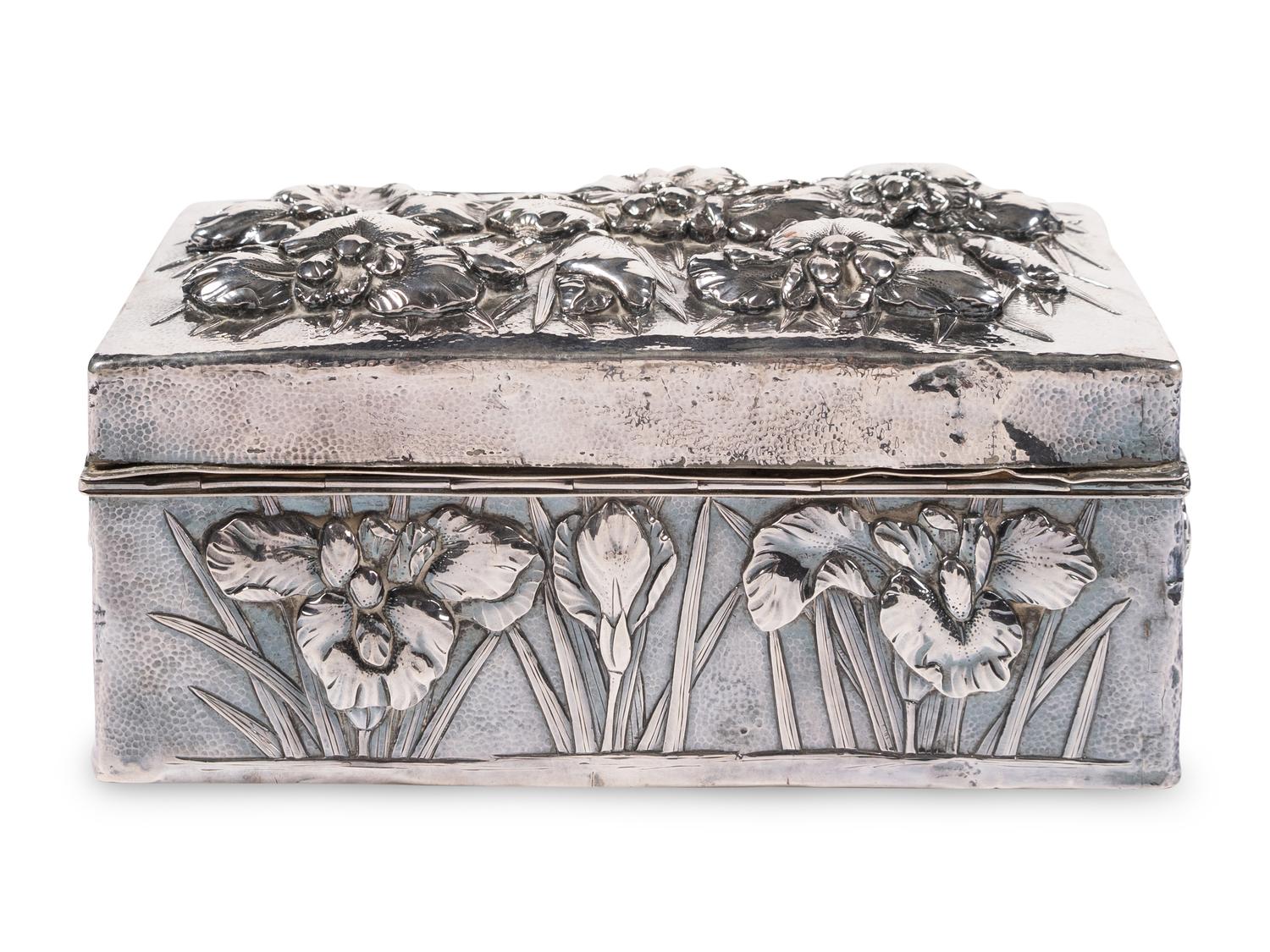 A Japanese Silver Table Box with Iris Flower Decoration