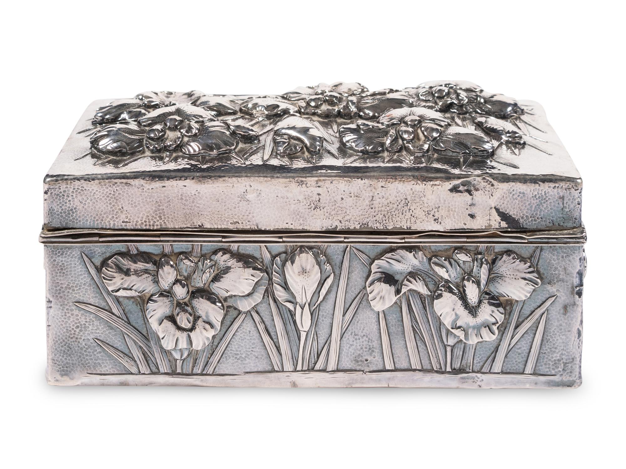 A Japanese Silver Table Box with Iris Flower Decoration